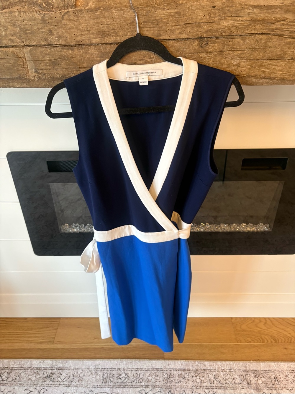 Diane von Furstenberg DVF Colorblock Faux Wrap Dress Blue Navy Ivory Size 10 - Picture 2 of 8